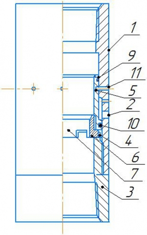 Чертеж продольного разреза конструкции муфты для ступенчатого цементирования