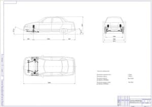 Чертеж общего вида с детальной прорисовкой передней подвески с перечнем технических характеристик автомобиля ВАЗ-2110 (формат А1)