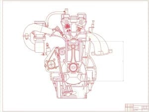 Поперечный разрез. Бензиновый двигатель ЗМЗ 406 с непосредственным впрыском. На чертеже отмечены внешние габаритные размеры. (формат А1)