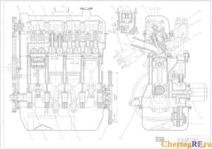 Сборочный чертеж бензинового двигателя марки FORD  (формат А1 )
