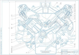Сборочный чертёж двигателя ГАЗ-53 содержит номера позиций деталей и показывает их взаимное расположение. Чертеж выполнен на формате А1