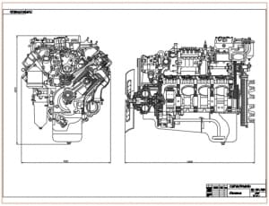 1.	Сборочный чертеж четырехтактного восьми цилиндрового V-образного дизельного двигателя КамАЗ-740 в двух проекциях с обозначением габаритных размеров на формате А1 