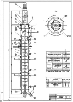 Чертёж общего вида роторного-плёночного испарителя вертикального типа с техническими характеристиками и таблицей штуцеров выполнен в масштабе 1:10
