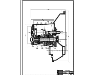 Сборочный чертеж коробки передач ВАЗ 2108 лист 1. На чертеже выполнен продольный разрез. Обозначены конструкционные размеры и указаны характеристики некоторых деталей (формат А1 )