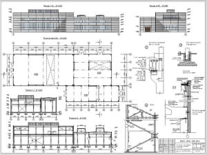 Строительный чертёж большепролётного промышленного здания из плоскостных железобетонных конструкций в масштабе 1:200