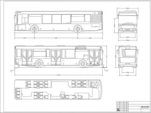 Чертёж общего вида городского низкопрофильного автобуса модели ЛиАЗ-5292 с размерами