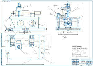 Сборочный чертеж приспособления для фрезерования шпоночных пазов в двух проекциях с сечениями и разрезом А1 