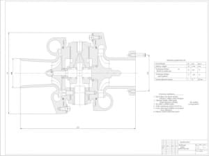 Комплект чертежей турбокомпрессора двигателя внутреннего сгорания с параметрами