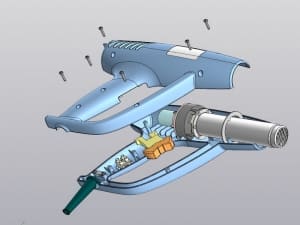 Набор чертежей 3D-моделей деталей и сборочный чертеж термопистолета (промышленного фена) для строительных и ремонтных работ