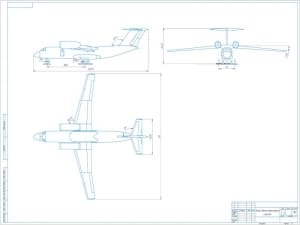 Проектный чертеж самолета АН-72 в сборе в трех проекциях, А1