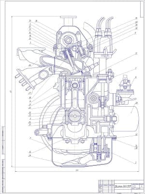 Сборочный чертеж двигателя автомобиля ВАЗ-21011