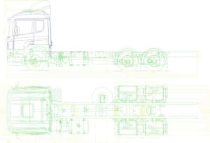 Чертеж общего вида автомобиля грузового Scania в 2х проекциях – виды сбоку и сверху, с габаритными размерами (формат А1)