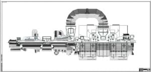 Чертеж трехцилиндровой теплофикационной турбины модели Т-140-145, A0x3