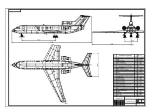 Технический чертеж конструктивной разработки среднемагистрального пассажирского лайнера типа Як-42
