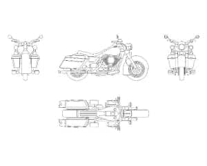 17.	Чертеж вида общего мотоцикла Harley в различных проекциях – виды спереди, сбоку, сзади и сверху (формат А1)