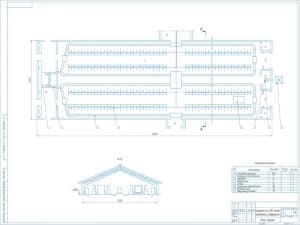 Проектный чертеж плана здания коровника на 200 голов с экспликацией помещений