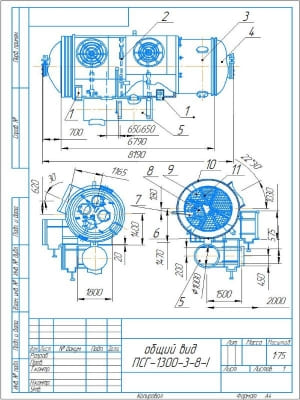 Сборочный чертеж горизонтального подогревателя типа ПСГ-1300-3-8, А4
