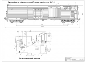 Чертеж грузового вагона рефрижераторной 5-ти вагонной секции БМЗ-5, со схемой холодильной машины, А1