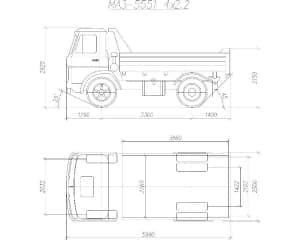 21.	Общего вида чертеж автомобиля грузового МАЗ-5551*4.2.2 в 2х проекциях – виды сбоку и сверху, с проставлением размерности (формат А1)