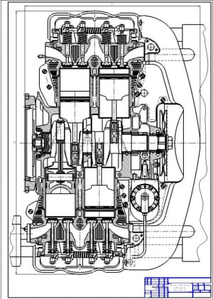 Сборочный чертеж А1 двигателя (Фольксваген) в продольном разрезе с основными размерами