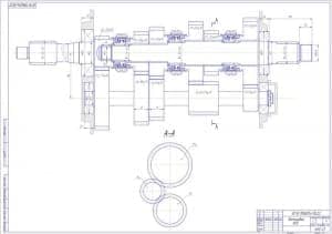 Чертеж компоновки КПП ГАЗ-3110. Выполнен выносной разрез. Проставлены конструкционные размеры (формат А1)