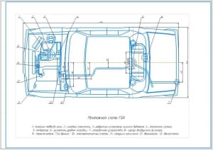 2.	Монтажная схема газобаллонного автомобиля (ГБА) с указанием габаритных размеров и позиционных выносок следующих частей