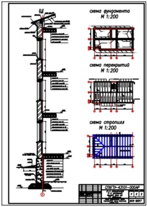 2.	Схема фундамента, перекрытий и стропил, с конструктивным разрезом здания по оси 1, А1