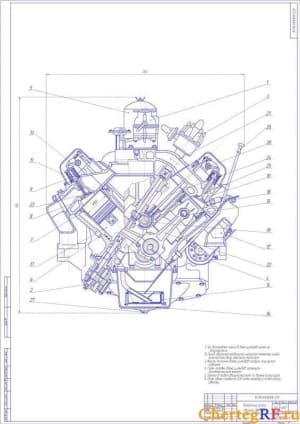 Чертеж поперечного разреза двигателя ЗИЛ-130 с описанием действий по сборке и с указанием габаритных размеров (формат А1)
