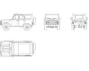 32.	Чертеж общего вида автомобиля легкового УАЗ-469 в различных проекциях – виды сверху, сзади, сбоку и спереди (формат А1)