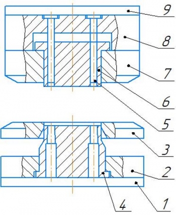 1.	Чертеж конструкции штампа для вырубки и пробивки с конструктивными элементами
