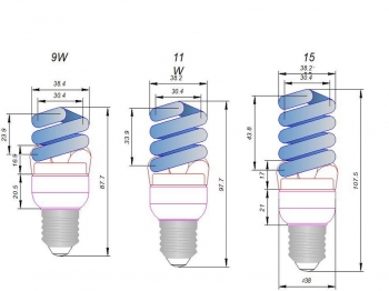 Чертежи с размерами общих видов люминесцентных энергосберегающих ламп разной мощности с резьбовым цоколем E27