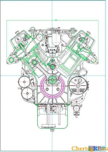 Чертеж поперечного разреза V-образного двигателя 12 ЧН 13/14 (формат А0)