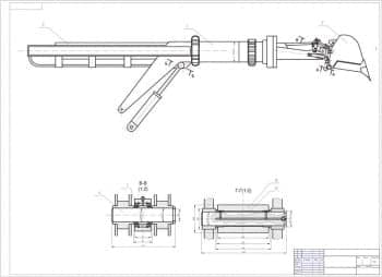 чертеж рабочего оборудования с выносными разрезами. проставлены конструкционные размеры (формат А1)