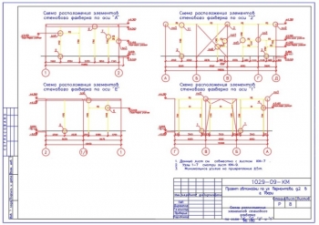 Схемы расположения элементов стенового фахверка по осям А, Е, 1, 2