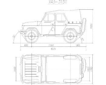 33.	Чертеж вида общего автомобиля легкового УАЗ-3151 в 2х проекциях – виды сбоку и сверху, с проставлением размерности (формат А1)