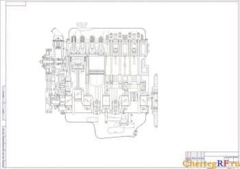 Общий чертеж двигателя продольный разрез в программе Компас (формат А1)