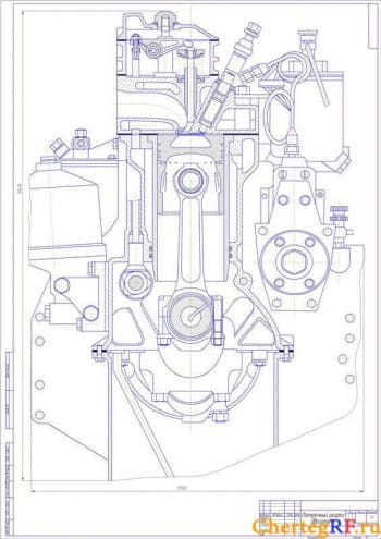 Чертеж поперечного разреза дизельного двигателя с указанием габаритных размеров (формат А1)